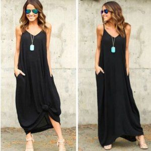 *RESTOCKED* Black V-Neck Harem Boho Pocket Maxi Dress
